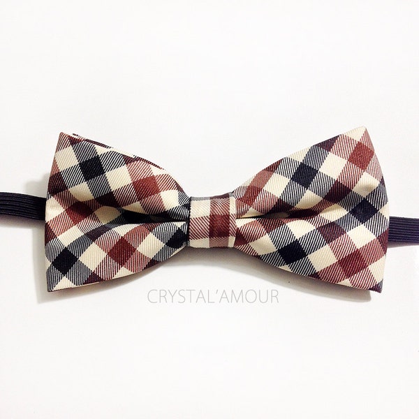 Bowtie, Vintage Burgundy, Ivory and Black Plaid Design - Bow Tie with Adjustable Strap, Gifts for Men and Children