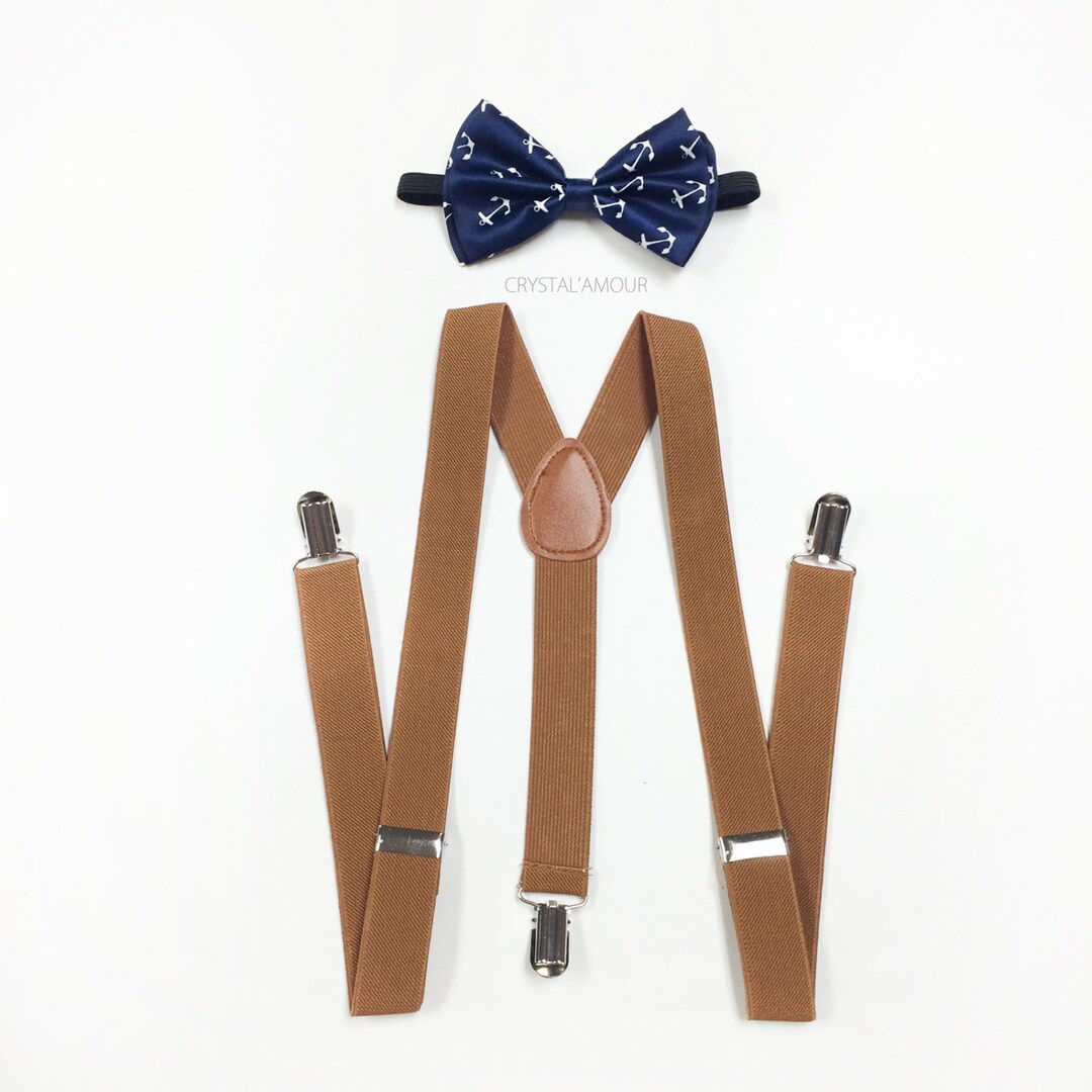 Anchor Bowtie, Navy Blue Bow Tie, Anchor Bow, Brown Suspenders and Bowtie Set, Anchor Bow Tie
