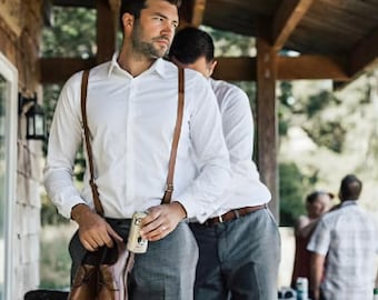 Brown Vegan Leather Suspenders, Adjustable Adult Braces
