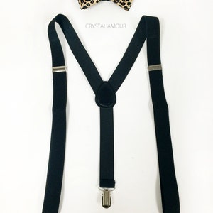 leopard print bowtie, black suspenders, leopard, fabric bow tie, adjustable bow tie, mens suspenders, mens bow tie set, brown bowtie