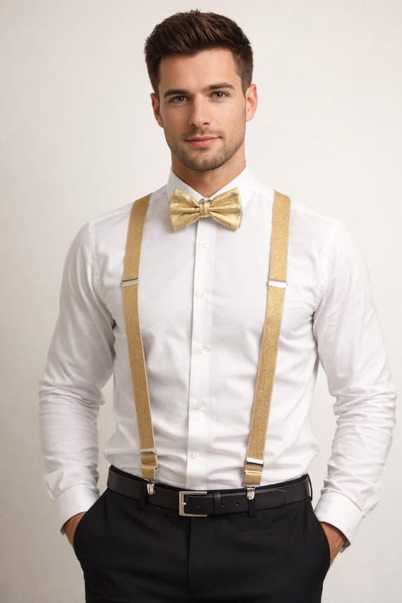 Gold Suspenders and Bow Tie Set, Men's Formal Wear