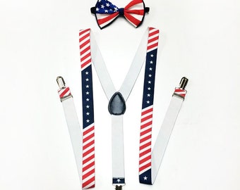 American Flag Suspenders, USA Flag Bowtie, Mens Suspenders, Mens Bow tie,Stars and Stripes,USA Flag, Memorial Day, Memorial Weekend