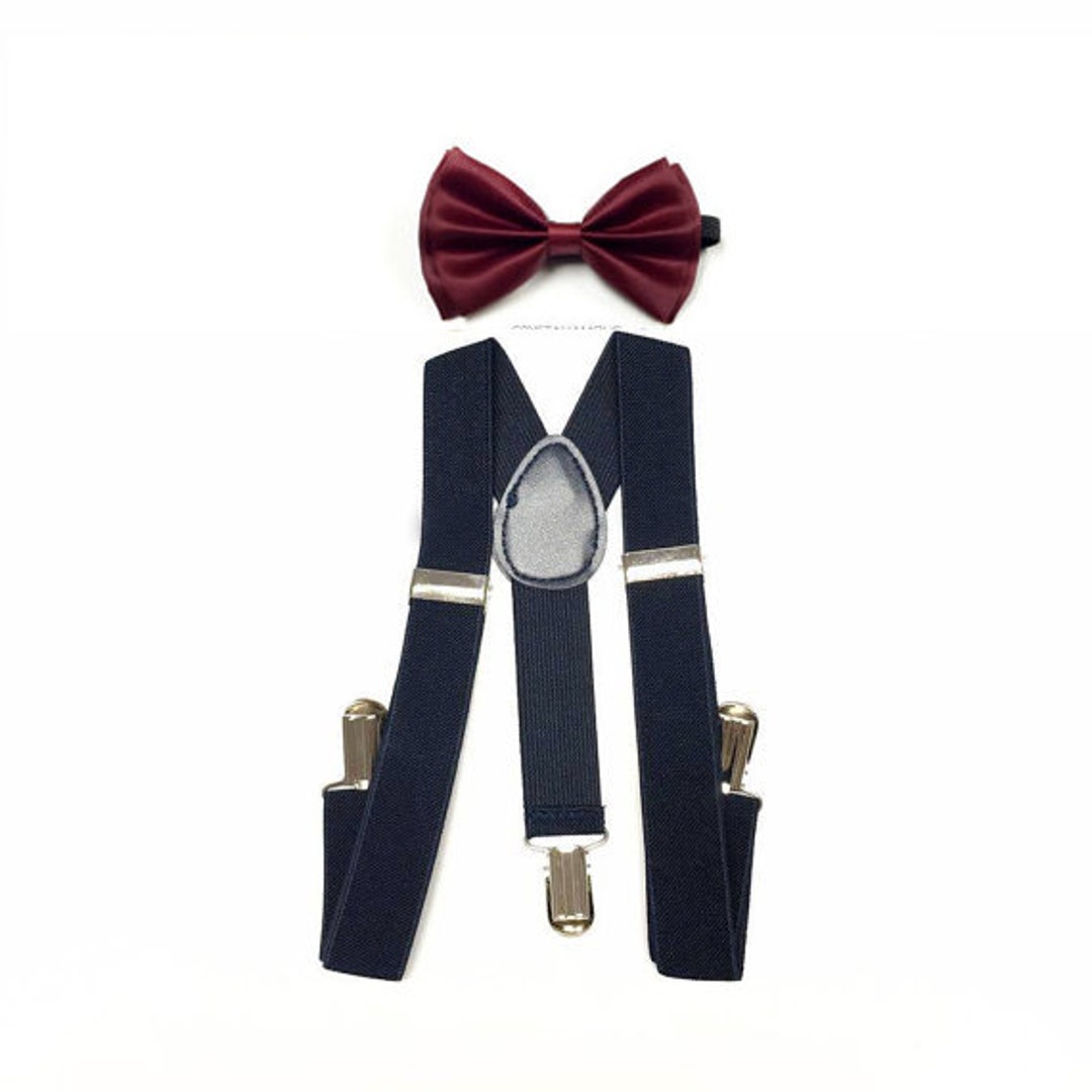 Kid's Navy Suspenders, Baby Boy Clothes, Burgundy Bowtie, Burgundy Bow