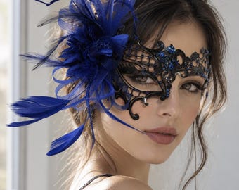 Royal Blue Black Mardi Gras Masquerade Mask Blue Side Swept Feather Masquerade Mask Halloween Prom