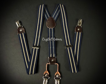 Men's Suspenders, navy suspenders, navy blue suspenders with light brown stripes, navy suspenders, tan stripes, suspenders for barn weddings