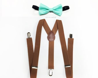 Bretelle marroni per bambini, completo con papillon color menta