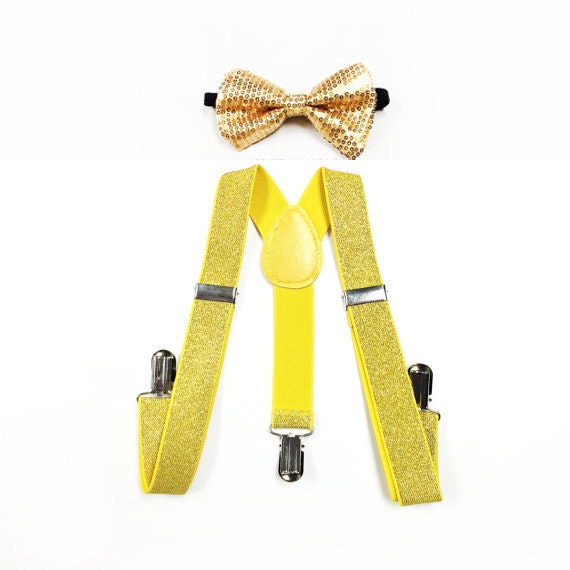 Bretelles Réglables Homme Avec 3 Clips - Largeur 2.5cm, Ensemble Avec Noeud Papillon (Jaune) - 9