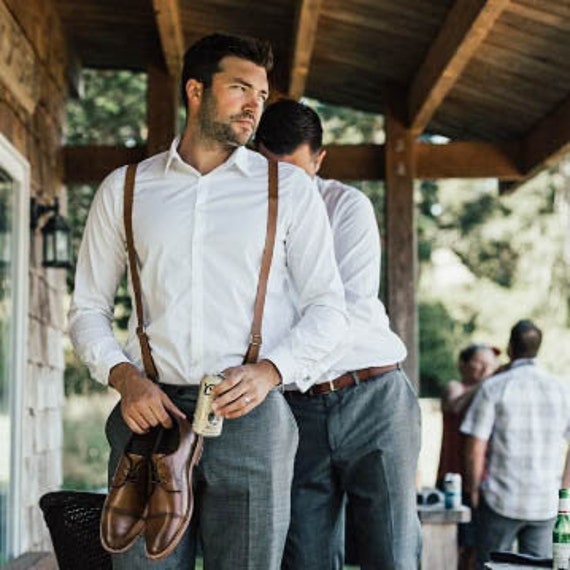 Men's Dark Brown Leather Work Suspenders / Wedding Suspenders