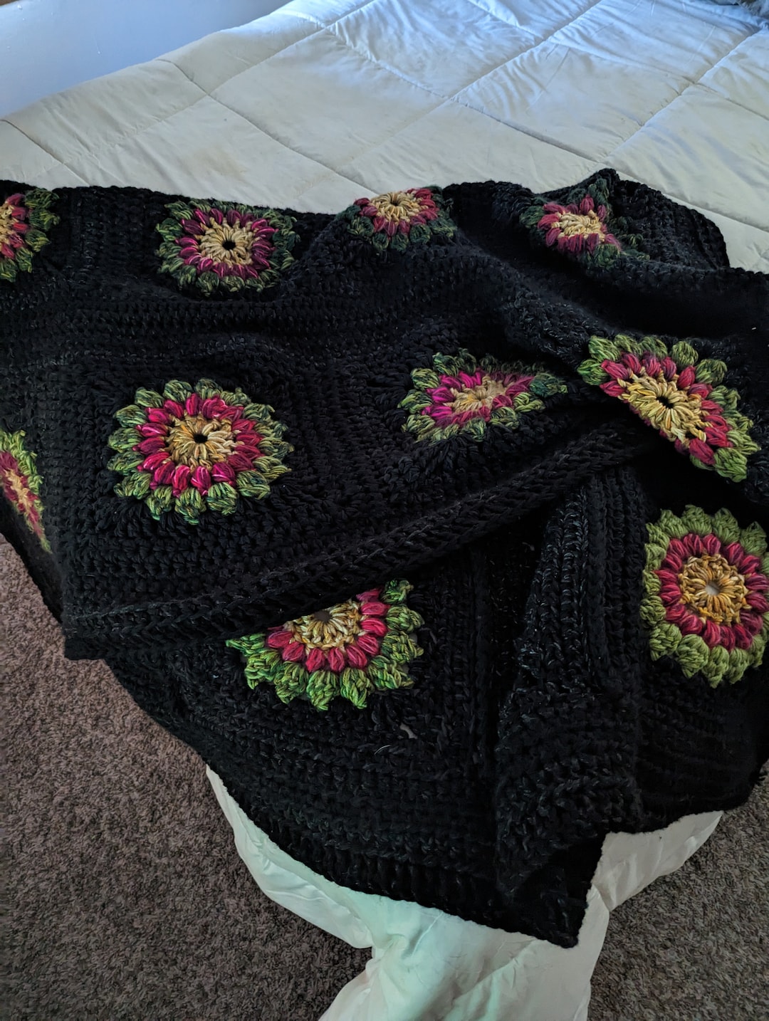 Crochet Giant Granny Square Blanket in Black, Pink, Green and Gold Etsy