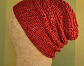 Mens Crochet Red Slouchy Beanie: Stretchy Knit Hat