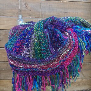 Crochet fringe blanket in green, purple, pink and blue image 3