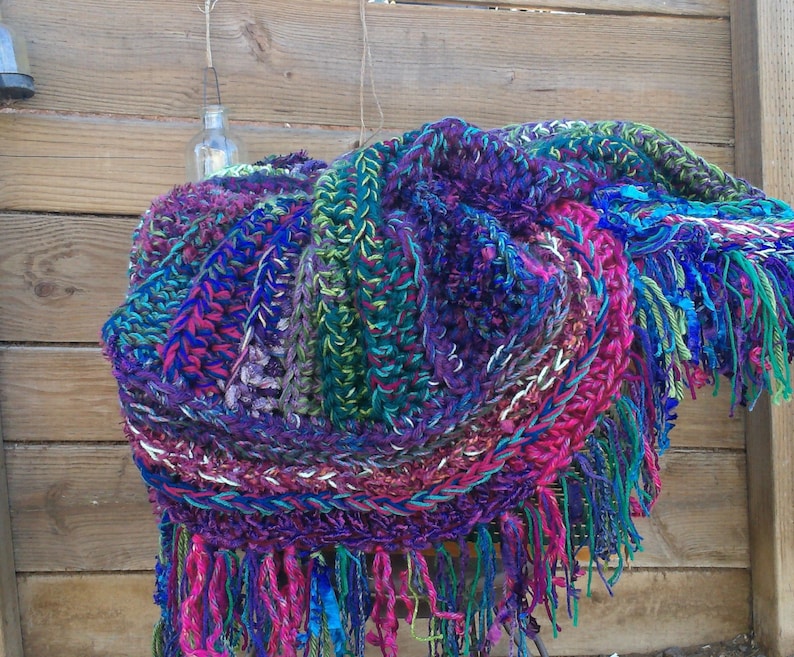 Crochet fringe blanket in green, purple, pink and blue image 3
