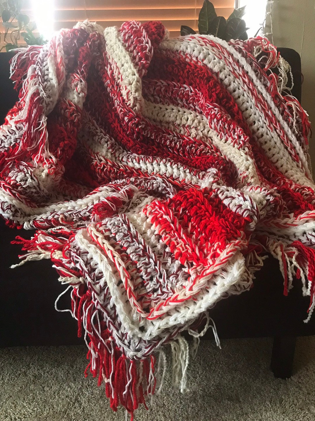 Peppermint Twist Crochet Fringe Blanket Etsy