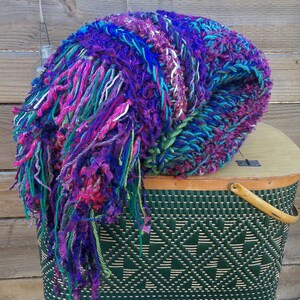 Crochet fringe blanket in green, purple, pink and blue image 2