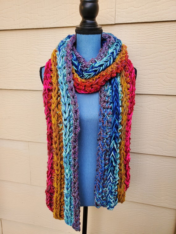 Crochet Long Scarf in Rainbow Colors, Pink, Orange, Green, Blue