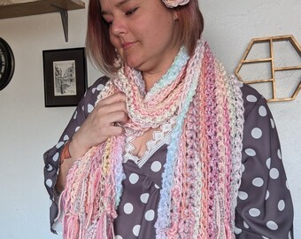 Crochet fringe scarve in pinks, peaches and creams