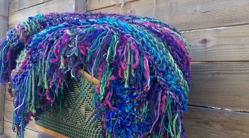 Crochet fringe blanket in green, purple, pink and blue image 4