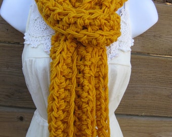 Crochet long scarf in mustard yellow, yellow scarf, chunky mustard scarf, long cozy scarf