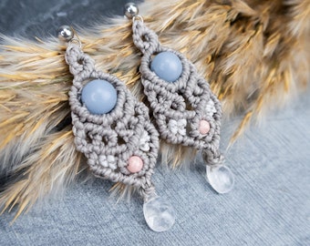 Moonstone macramé earrings, pastel colors jewelry, angelite stone, rhodochrosite, crystal healing earrings, peace amulet