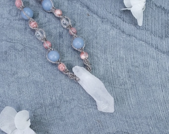 Raw rock crystal necklace, pastel colors jewelry, angelite stone, rhodochrosite, crystal healing necklace, peace amulet