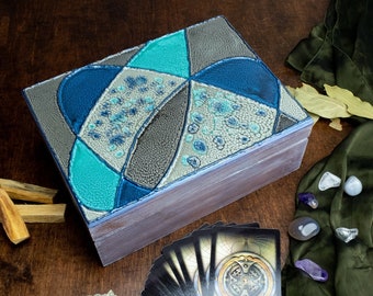 Blue silver wooden box, galaxy celestial decor, witchcraft tarot box, turquoise trinket keepsake box, treasury jewelry box, cosmic art