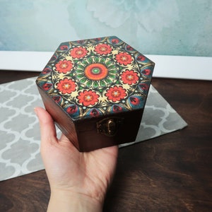 Trinket box decoupage folk polish art, mandala keepsake box, cozy cottage trendy small home decor red blue brown