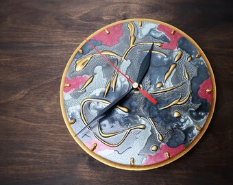 Abstract art small wall clock red black silver gold dragon skin effect paint gift for him her hand painted original glossy for geek boy