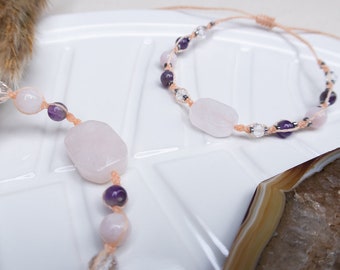 Love intention macrame jewelry set, rose quartz bracelet choker necklace, good vegan vibes pink purple jewelry, crystal healing amethyst