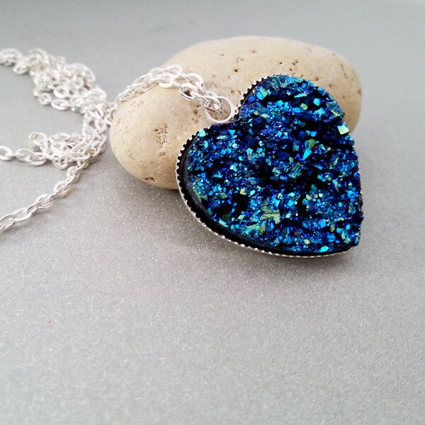 DISCOUNTED Silver long heart necklace faux druzy silver blue gift for her sparkling