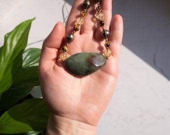 POWER of the HEART natural stones necklace, moss agate tiger's eye citrine pyrite crystal healing amulet, attracting true love crystals