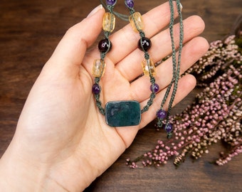 ABUNDANCE necklace citrine garnet amethyst moss agate,  crystal healing amulet, money attracting stone, forest jewelry, whimsical jewelry