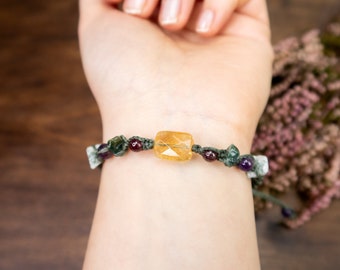 ABUNDANCE bracelet citrine garnet amethyst moss agate,  crystal healing amulet, money attracting stone, forest jewelry, whimsical jewelry