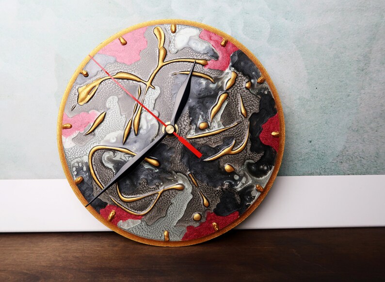 Abstract Art Small Wall Clock Red Black Silver Gold Dragon Etsy