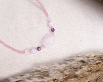 Simple pink gemstone ROSE QUARTZ choker, bring love crystal, crystal healing boho hippie necklace, waterproof Brazilian cord necklace