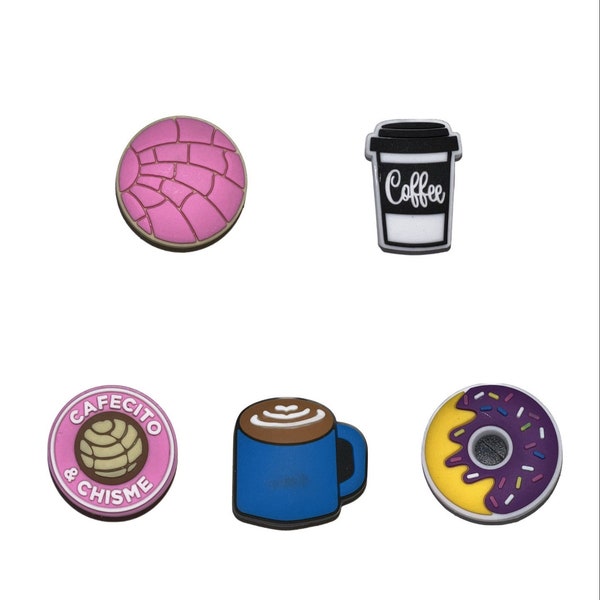 Café, pan, y chisme charm, clog charms, shoe charms, cafe y pan charms, charms, cafecito y chisme charms, coffee and donuts charms