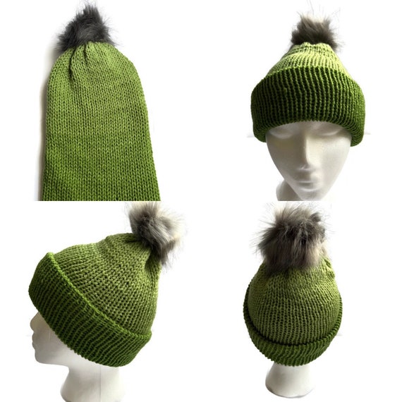 Ombre Green Knit Beanie With Faux Fur Pom - Etsy display picture 1