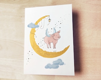 Flying Pig Hand Painted Greeting Card Blank - Year of the Pig