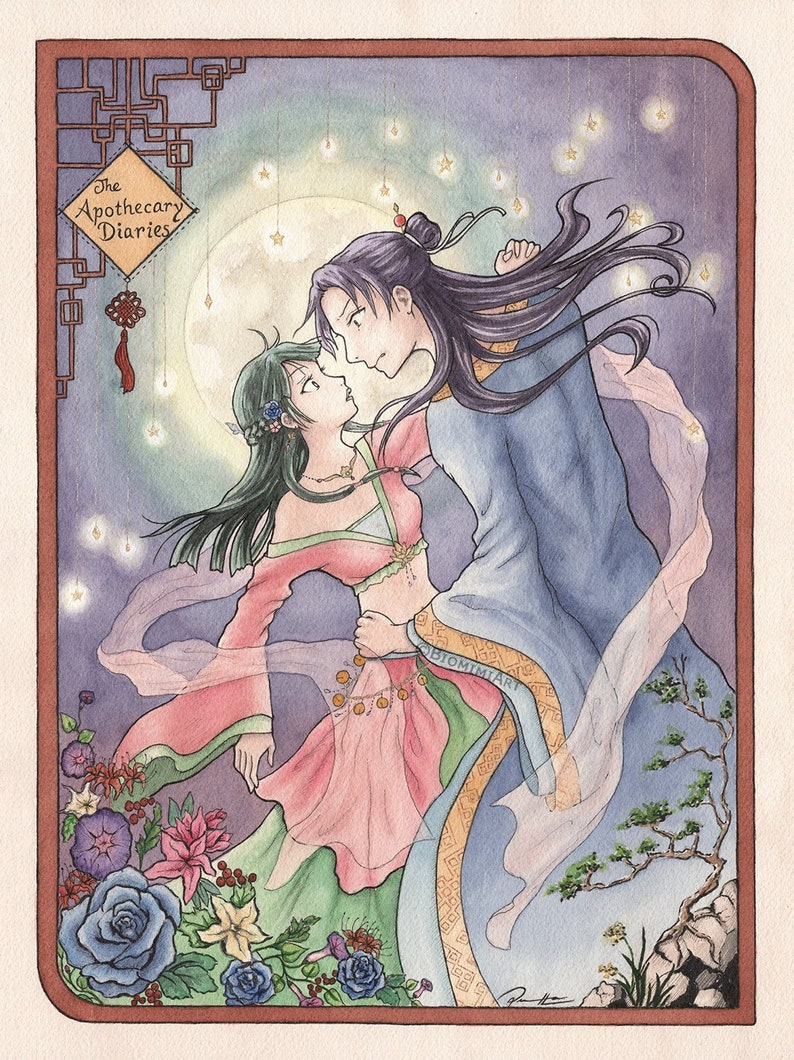 May include: A watercolor illustration of a couple in traditional Chinese clothing dancing under a full moon. The man is holding the woman's hand and they are looking at each other. The background is a purple sky with stars and a full moon. The text "The Apothecary Diaries" is in the top left corner of the image.