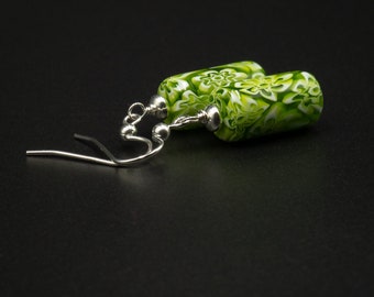 Murano lime green millefiori sterling silver Venetian glass handmade drop earrings