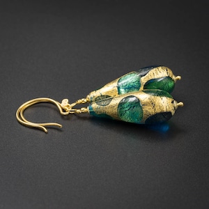 Murano green and gold Venetian glass handmade teardrop earrings