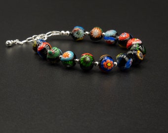 Murano glass black multi colour Millefiori bracelet,  genuine Venetian Murano glass and sterling silver murano Millefiori bracelet.