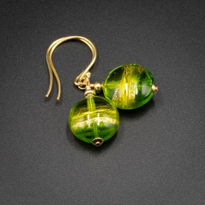 Green vermeil gold Venetian glass handmade coin drop earrings
