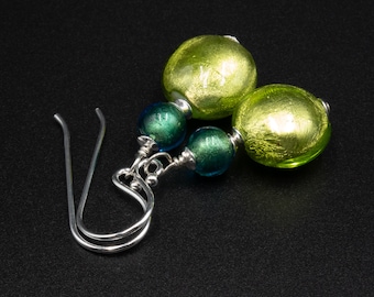 Murano Venetian glass 2 tone green earrings, genuine Venetian Murano glass sterling silver jewelry R