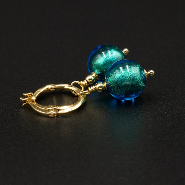 Turquoise de Murano, boucles d'oreilles en verre vénitien or turquoise, véritable verre de Murano vénitien et turquoise or vermeil, créoles en or turquoise