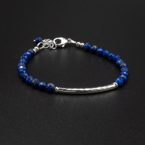 ★HARANG★ Lapis Lazuli Silver Beads Bracelet Lapi Lazuli Silver Adjustable Beaded Bracelet for Men