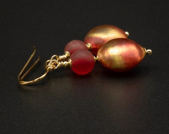 Murano  Pink gold glass earrings, genuine Venetian Murano glass,  vermeil gold pink and 24Kt gold teardrop earrings R