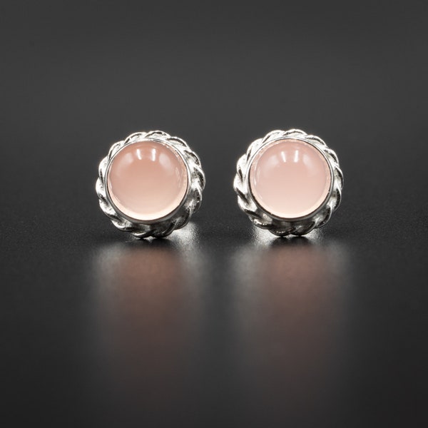 Pink chalcedony stud earrings pale aqua chalcedony and sterling silver cabochon stud gemstone earrings pink silver  stud earring