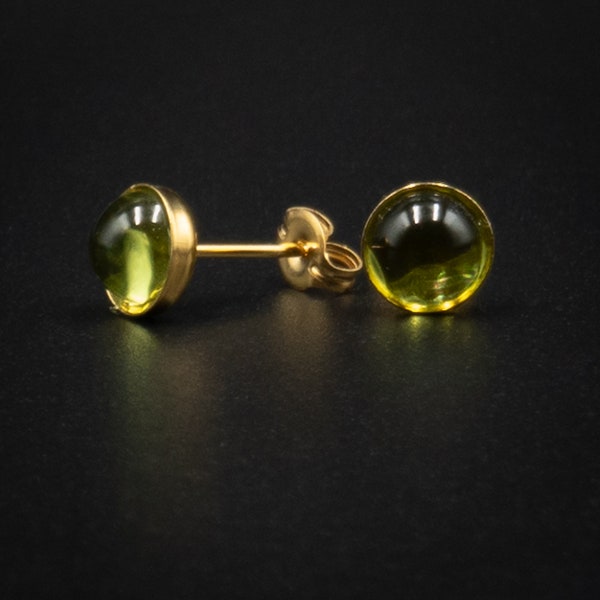 Peridot and vermeil gold cabochon stud gemstone earrings, olive green stud earring, peridot jewelry, chartreuse earrings