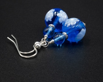 Murano Venetian glass Millefiori sapphire blue drop earrings, genuine Venetian Murano glass blue silver Murano Millefiori earrings