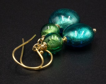 Murano aqua green gold Venetian glass earrings, genuine Venetian Murano glass and vermeil gold aqua jewelry R